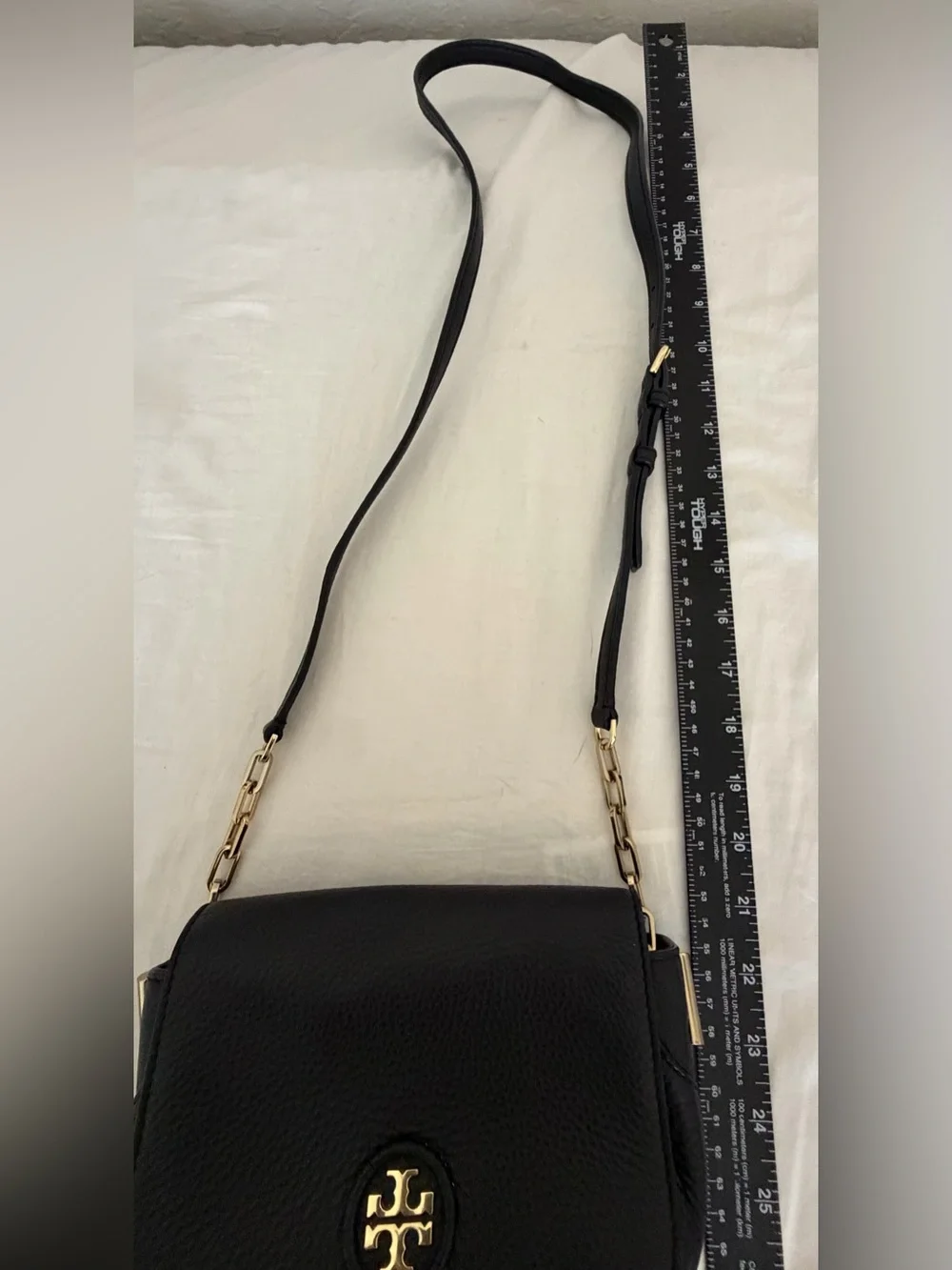 Tory Burch Black Pebbled Leather Logo Crossbody with Chain Strap